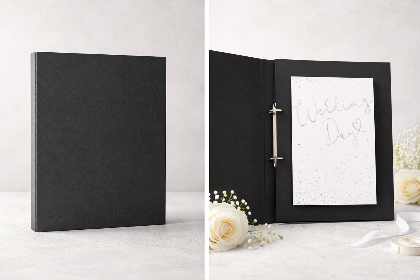Black photo album with a white page displaying 'Wishing You' text, on a white background.